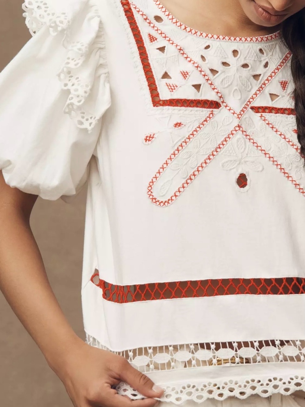 White Peasant Blouse with Red Embroidery by Anthropologie 2X